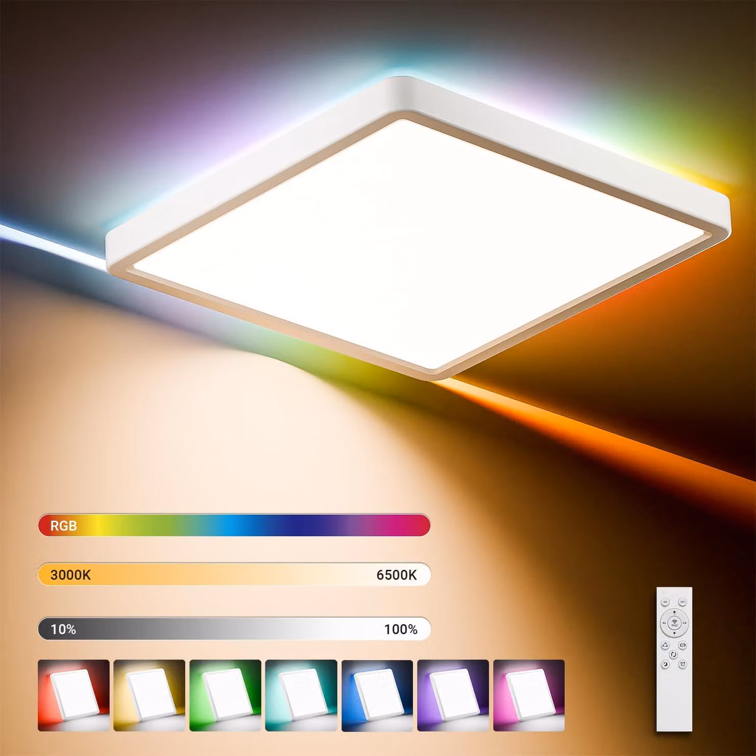 LQWELL Plafona, lampada da soffitto a LED RGB, grado di protezione IP44 resistente agli spruzzi d'acqua, lampada da bagno, forma quadrata piatta, 32 W, 3400 lm, 3000-6500 K, lampada moderna ed essenziale. 400 × 40 mm