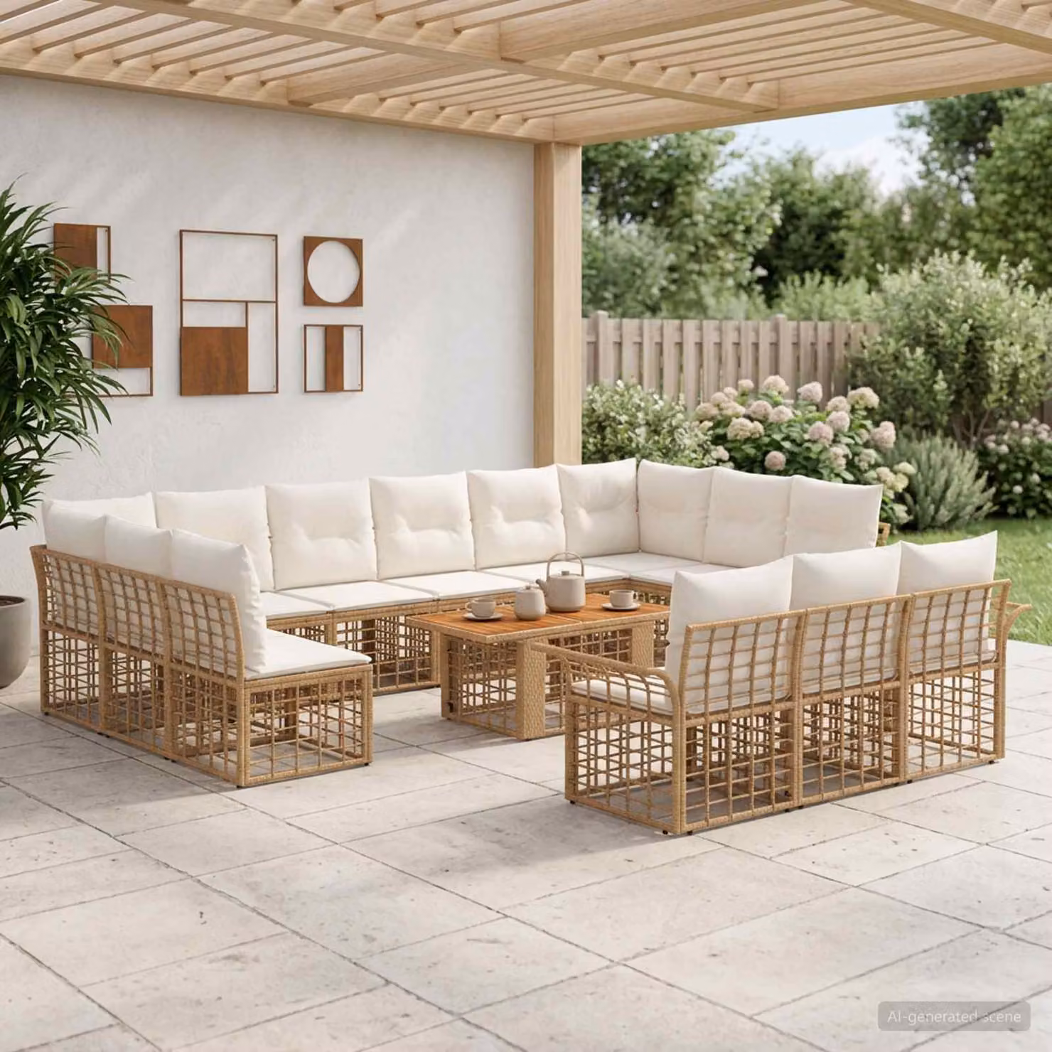Set Divano da Giardino vidaXL 14 Pezzi in Polyrattan con Tavolino e Cuscini, Design Moderno a L, Colore Naturale e Bianco Crema