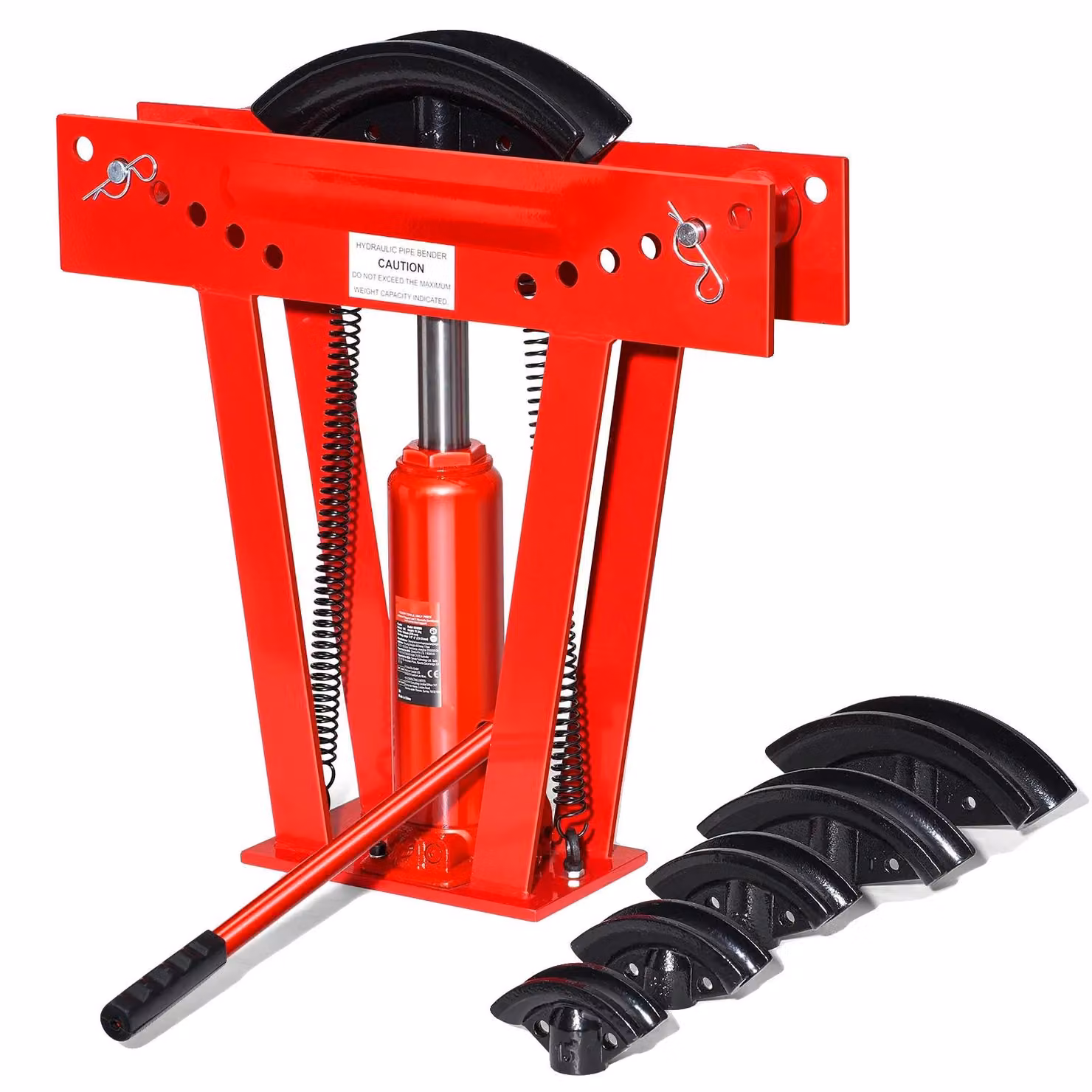 Macchina piegatubi idraulica, capacità 12 tonnellate, corsa di 9,6 pollici, altezza regolabile da 13,5 a 23 pollici, range di piegatura da 1/2" a 2", include 6 matrici