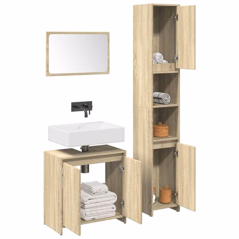 Set di mobili da bagno moderno vidaXL composto da 3 pezzi in legno multistrato color marrone e beige con armadietto a specchio, mobile lavabo e pensile