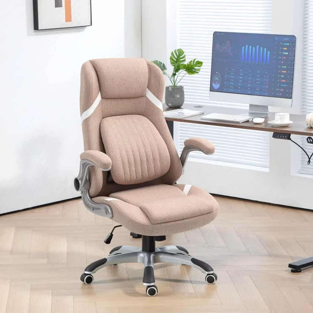 Sedia Operativa da Ufficio Ergonomica Giordanoshop Reclinabile con Poggiatesta e Braccioli, Marrone Chiaro e Beige, L: 68 cm, P: 76 cm, H: 109-117 cm – 2