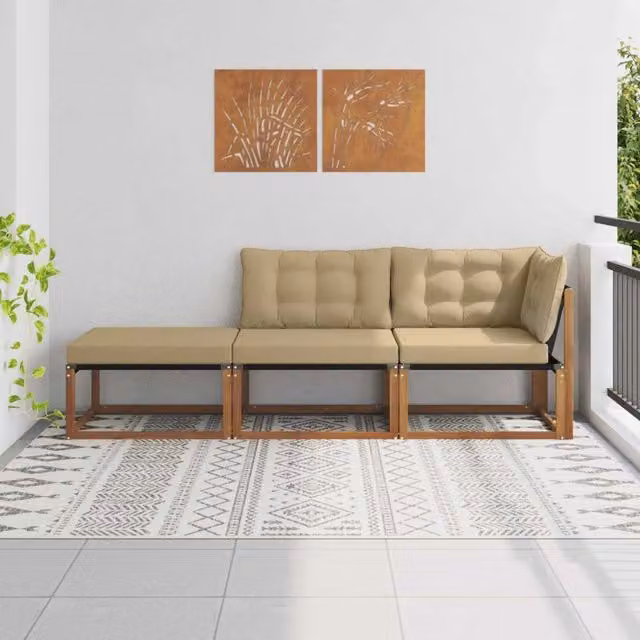 Set di Divano da Esterno Modulare a L con Ottoman vidaXL, Colore Beige, Struttura in Legno di Acacia Trattato e Cuscini in Textilene – 1