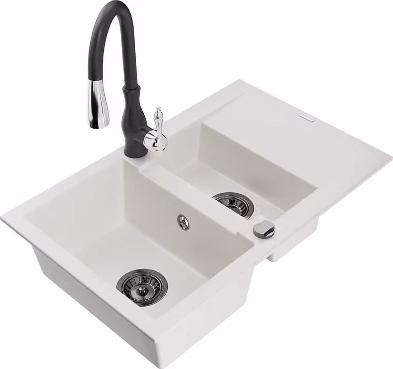 Mexen Gaspar lavello in granito 1,5 vasche con scolapiatti e miscelatore da cucina Savita, bianco - 6507-20-672601-70