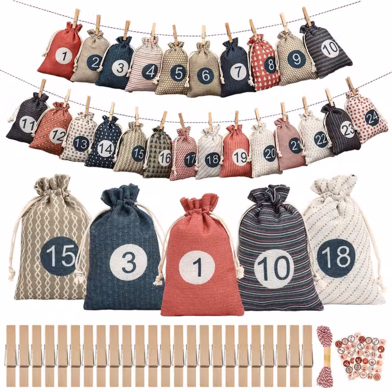 Calendario dell'Avvento da riempire, 24 sacchetti di tessuto, fai da te, completo di graffette e spago