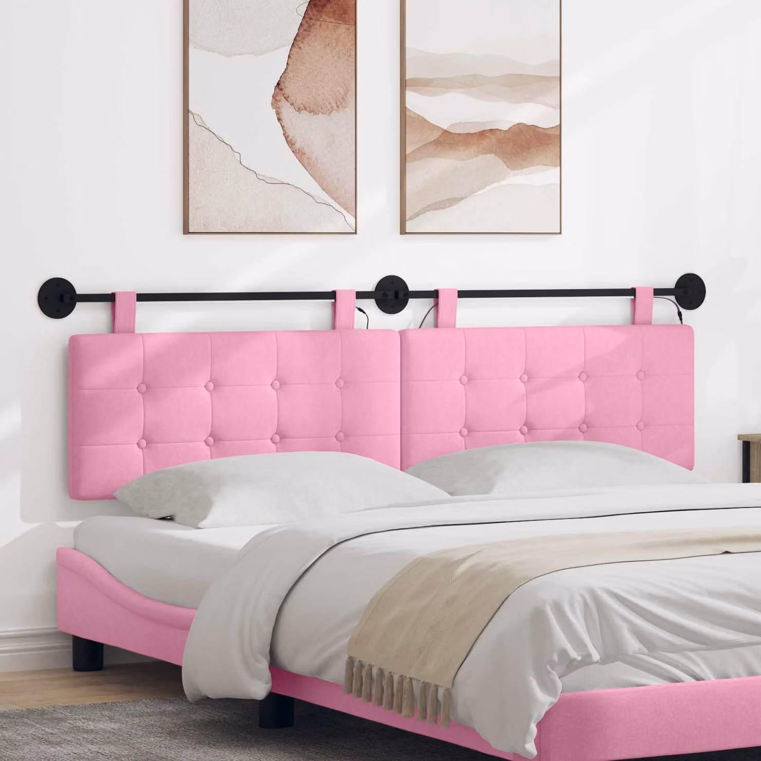Testiera del letto sospesa vidaXL con luce LED integrata e rivestimento in tessuto rosa, L: 190 cm, H: 55 cm, P: 8 cm