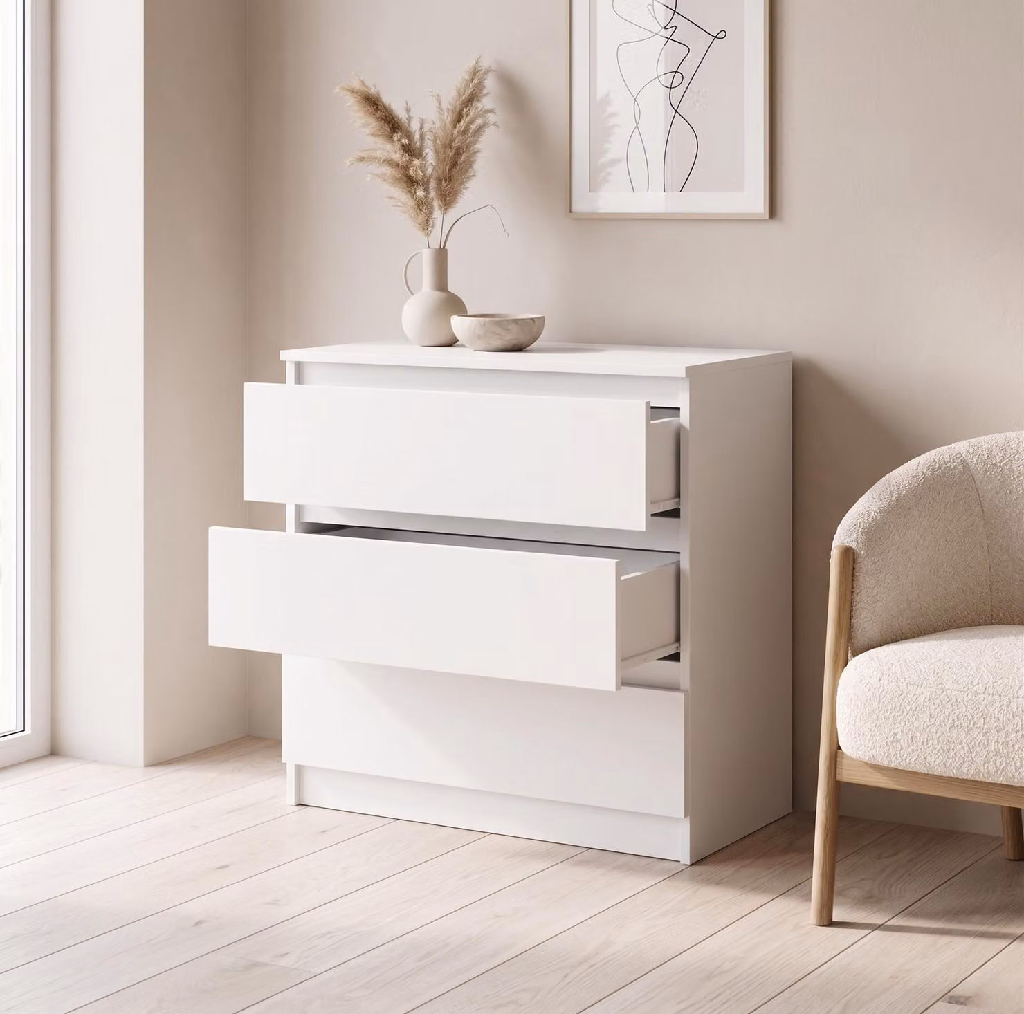 Comodà moderna con 3 cassetti | Comodà bianca | Comodà a cassetti 70x74,5x40 cm | Per camera da letto, soggiorno e ingresso, bianca