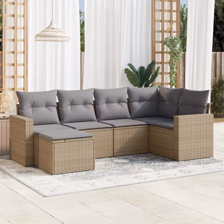 vidaXL Set Divano da Giardino 6 pz a L con Cuscini Beige e Grigio in Polyrattan e Metallo