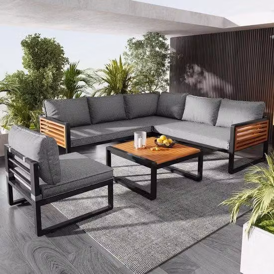 Set di mobili da giardino in acciaio - Telai in acciaio rinforzati - Strutture in legno con braccioli - Set da 4 posti - Resistenza alle intemperie garantita