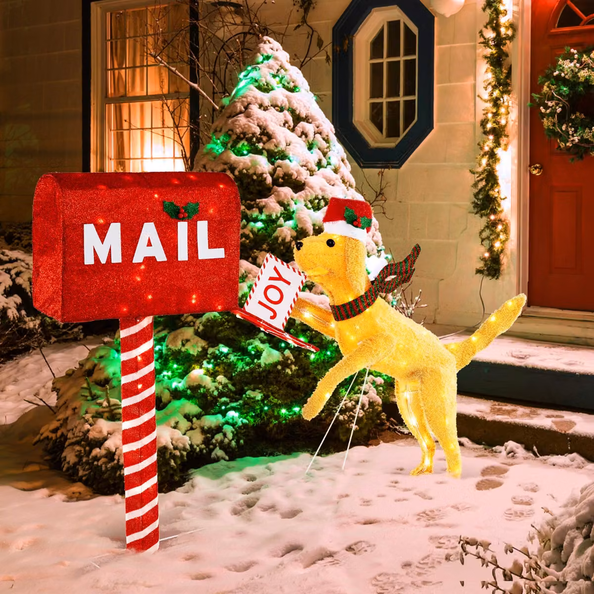 Costway Cassetta postale natalizia e cane con 120 luci LED bianco caldo, Decorazione festiva pre-illuminata con fascette