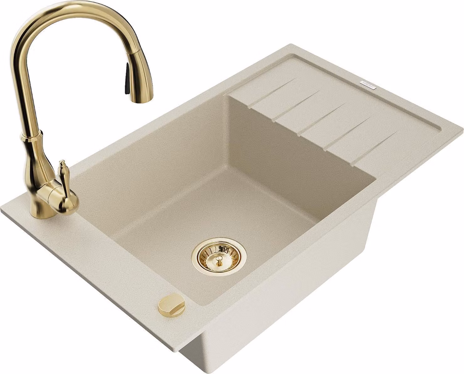 Mexen Elias lavello da cucina in granito 1-vasca con scolapiatti e rubinetto cucina Savita, beige - 6511-69-672601-50