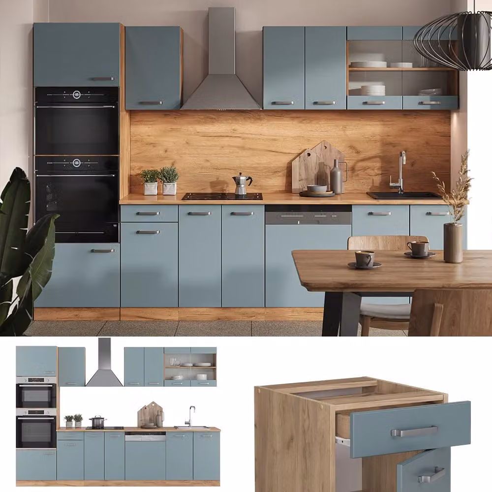 Cucina componibile moderna Vicco R-Line Grigio-blu e Rovere dorato con armadio alto, L: 300 cm – 2