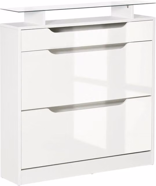 Scarpiera Zephmum con 2 Ante, Cassetto e Ripiano, Bianca Lucida, L: 89 cm, P: 23 cm, H: 96 cm