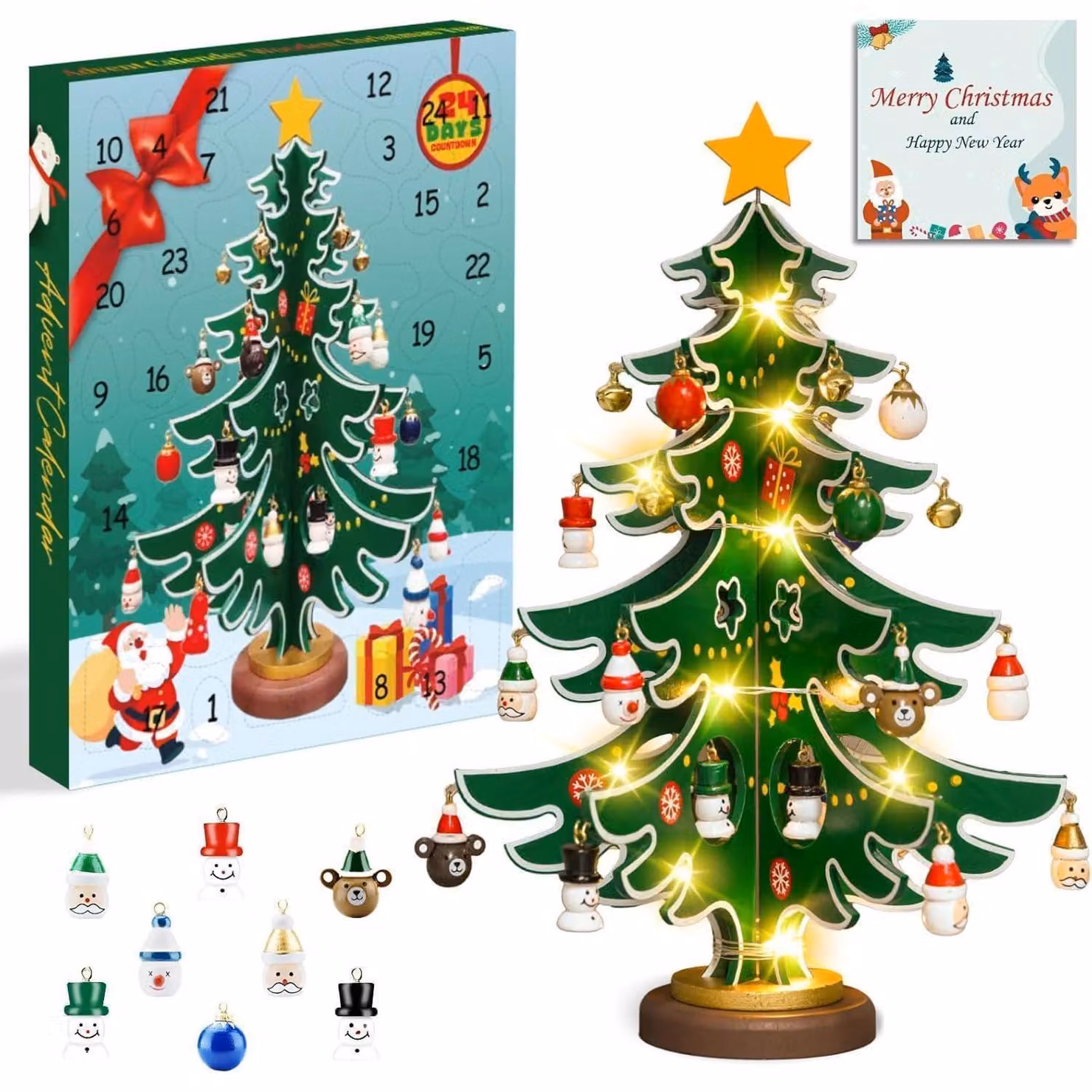 Calendario dell'Avvento a forma di albero di Natale in legno, edizione 2025, con 24 sorprese