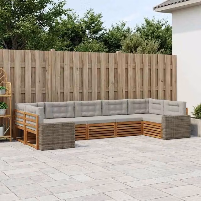 Set di divani da esterno a forma di U vidaXL in legno di acacia con cuscini beige e grigi