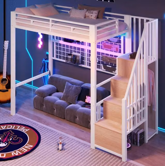 Letto a soppalco 90×200 cm in metallo bianco con scala guardaroba e LED 7 colori