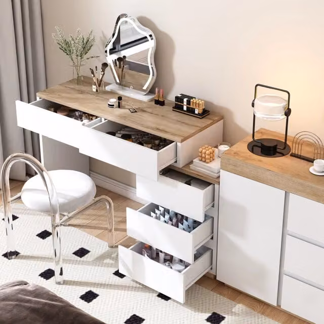Tavolo da toeletta 125x38,9x76 cm con 5 cassetti in truciolare bianco e rovere