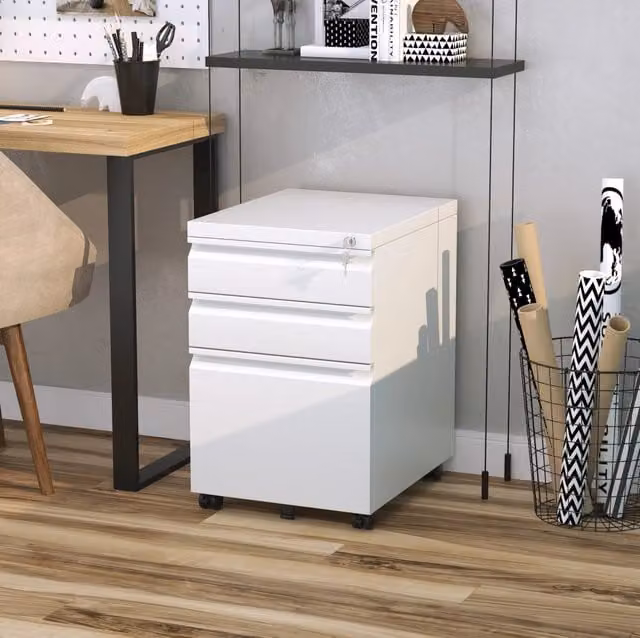 Cassettiera da ufficio mobile MODFU in acciaio bianco con 3 cassetti, serratura e ruote, L: 39 cm, P: 48 cm, H: 60 cm – 1