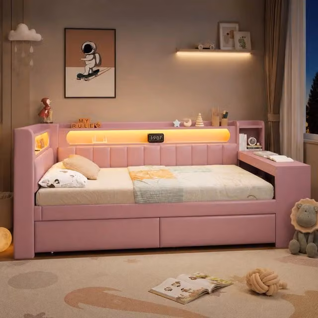 Letto da giorno imbottito 90x200 cm con scrivania; 2 cassetti; LED e USB; rosa