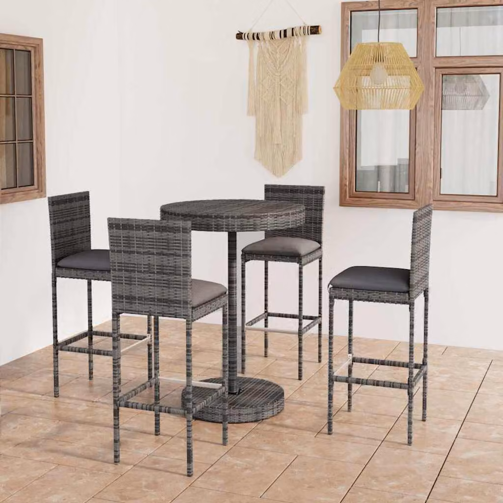 vidaXL Set da Bar da Giardino 5 pz in Polyrattan Grigio con Cuscini – 1