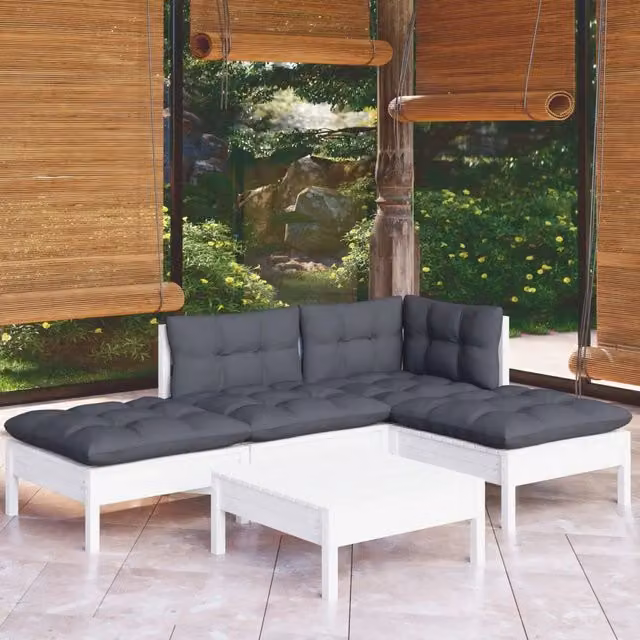 Set Divani da Giardino 5 pz con Cuscini Bianchi Legno di Pino 3096293