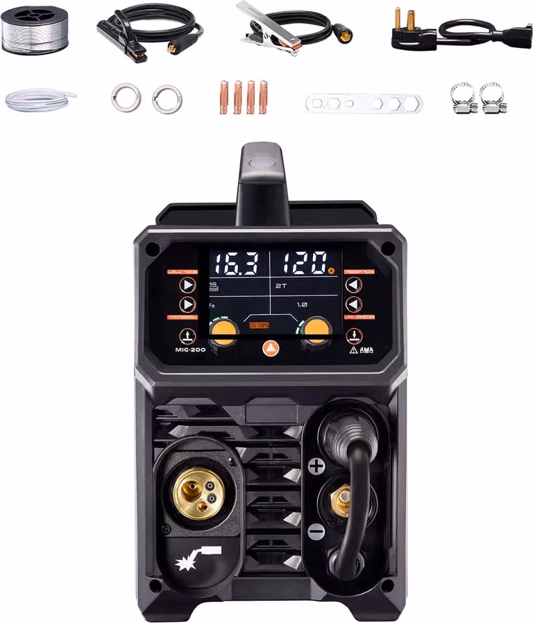SucceBuy Pro MIG Welder - soluzione di saldatura avanzata da 200 amp. Questa saldatrice sinergica 5 in 1 offre saldatura MIG Pluse, Gas MIG, Flux Core MIG, Stick e Lift TIG