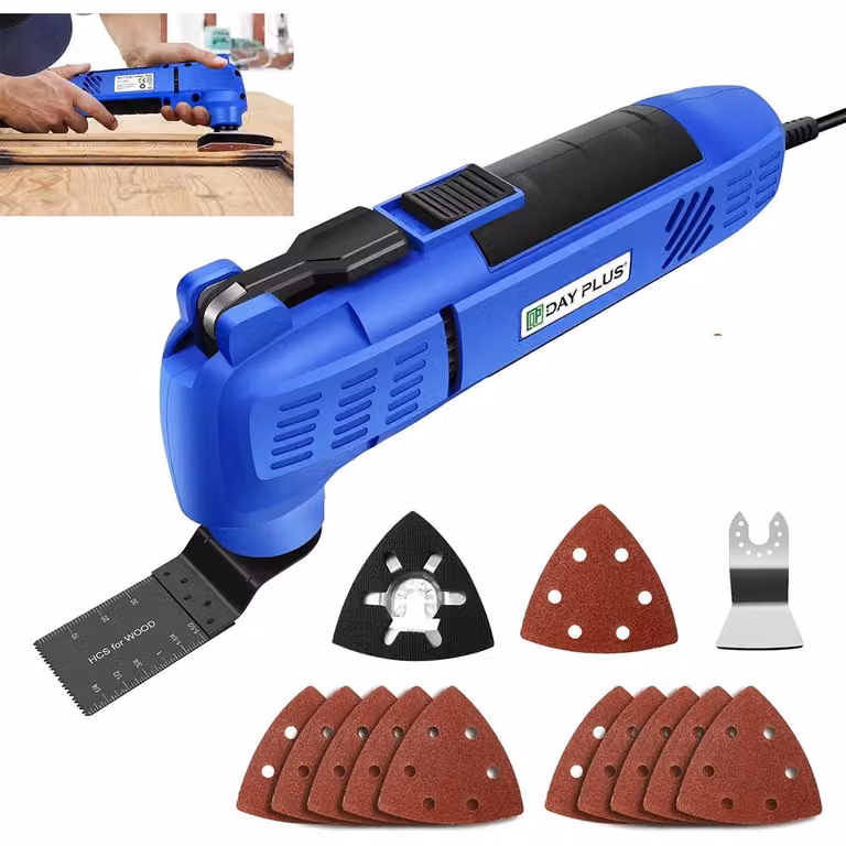 Multitool oscillante multifunzione - Utensile multifunzione elettrico con cavo - 300 W - 22.000 giri/min - Angolo di oscillazione di 3° - Cambio rapido delle lame - 15 accessori - Colore: blu