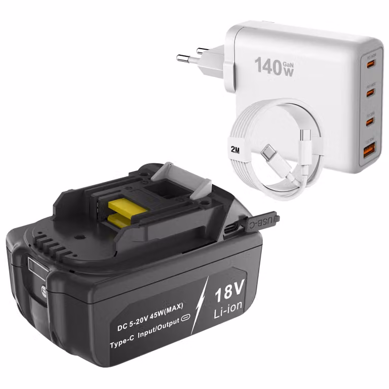 Batteria da 18V 6Ah con porta USB-C PD per la ricarica, compatibile con Makita BL1840, BL1850, BL1860, BL1815, LXT400, e con caricabatterie rapido USB-C/USB-A PD da 140W, adattatore di alimentazione
