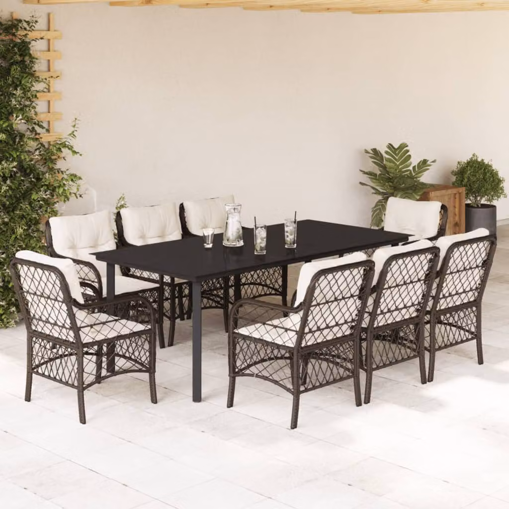 Set da Pranzo da Giardino vidaXL in Polyrattan Marrone con Cuscini e Piano in Vetro, 9 Pezzi – 1