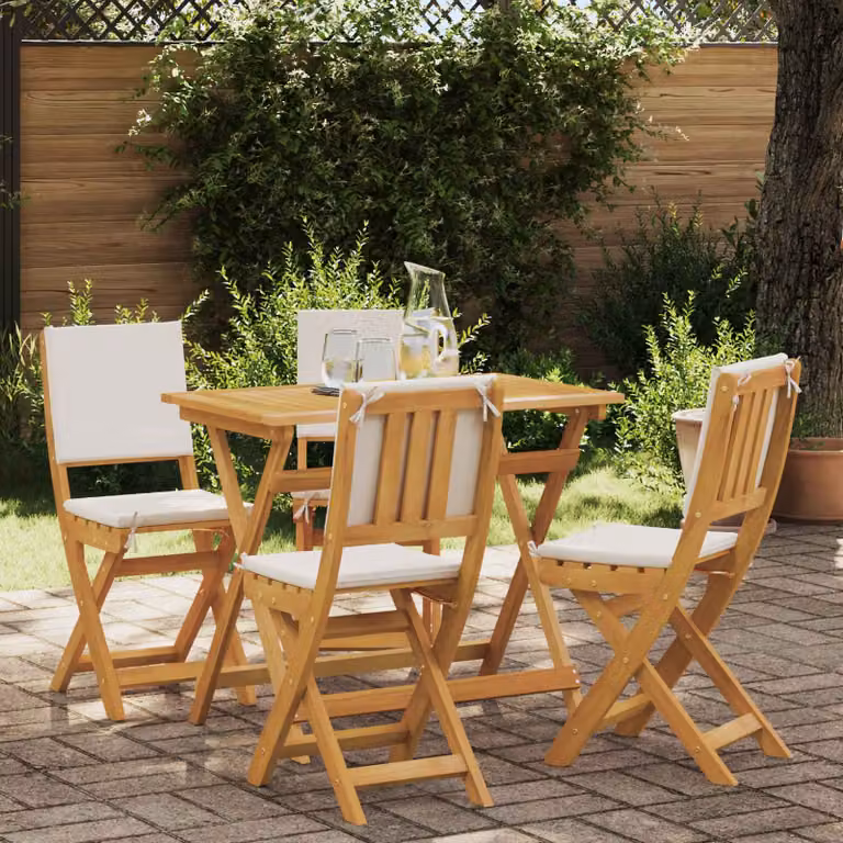 Set di 4 sedie da giardino vidaXL in legno di acacia oliato con cuscini in tessuto, colori bianco, beige e marrone