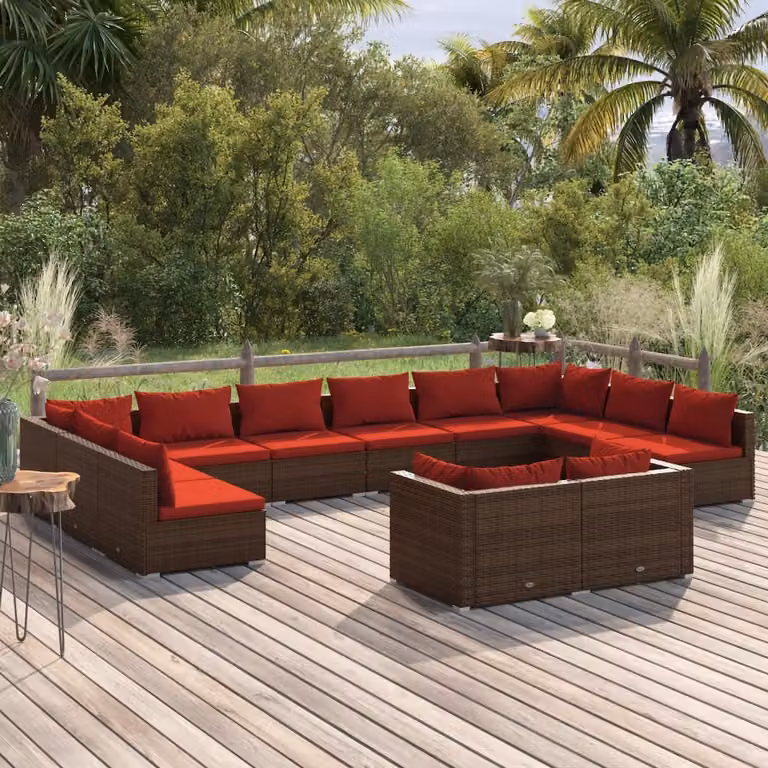 The Living Store Set salotto da giardino 12 pezzi con cuscini in poly rattan marrone
