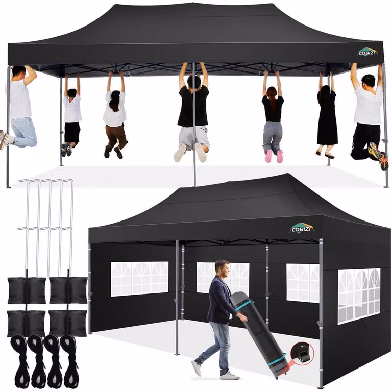 Tenda da giardino 3x6 metri, impermeabile, con 6 pareti laterali, colore nero