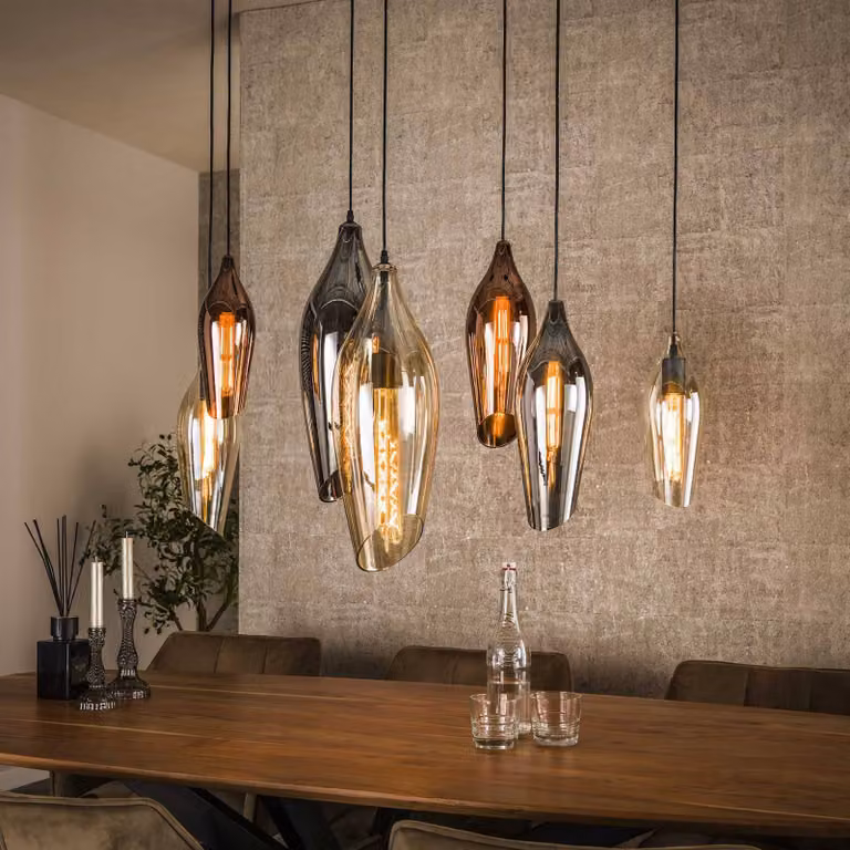 ZIJLSTRA Lampada a sospensione in vetro Mixture 4+3, dimmerabile, Multicolore, Soggiorno / Sala da pranzo, Vetro, Lampada a sospensione