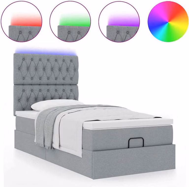 Pouf Letto con Materasso e LED Grigio Chiaro 90x200 cm Tessuto
