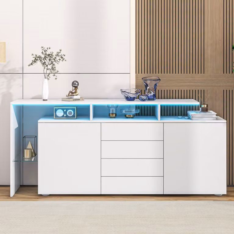 Credenza MODFU con illuminazione a LED, cassettiera con ripiani in vetro, vetrina multiuso e mobile buffet, mobile da soggiorno in bianco lucido, 160 × 35 × 70 cm