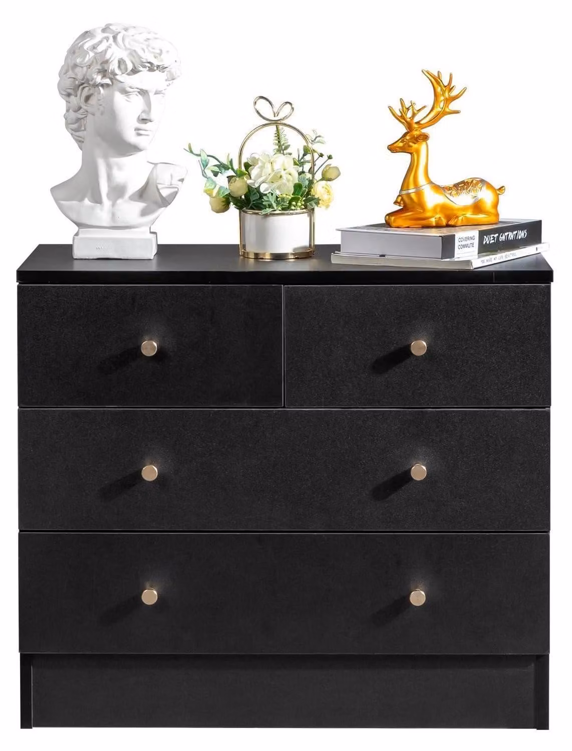 Comodino con 5 cassetti, dimensioni 66 x 33 x 73 cm, colore nero, realizzato in legno P2