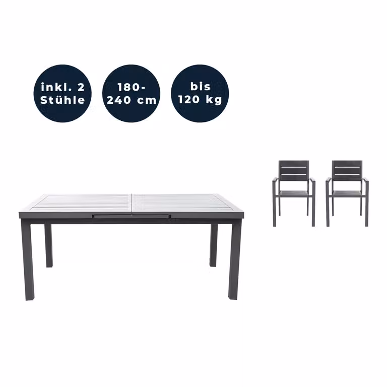 Home Deluxe - Tavolo da giardino allungabile - CALIDO - ca. 180 (240) x 97,5 x 76,5 cm - incl. 2 sedie, struttura in alluminio, piano in vetro - incl. accessori I Set da giardino tavolo allungabile per balcone