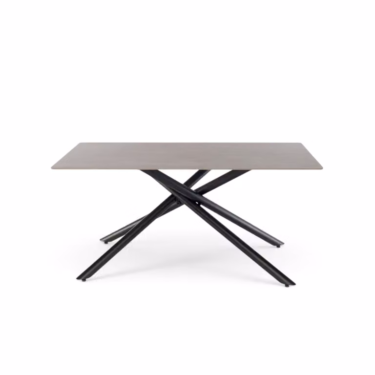 Tavolo MACINAGGIO con piano in ceramica effetto pietra grigio e gambe incrociate in metallo verniciato nero, 140x80x76 cm
