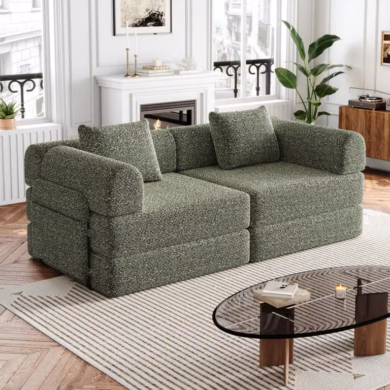 Divano letto imbottito in chenille, 2-in-1, con vano portaoggetti nell'bracciolo, struttura in metallo, disponibile in diverse configurazioni