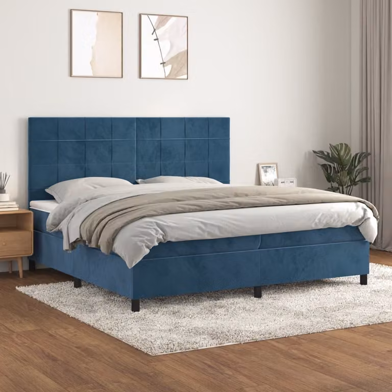 The Living Store Letto a molle con materasso blu scuro 200x200 cm in velluto