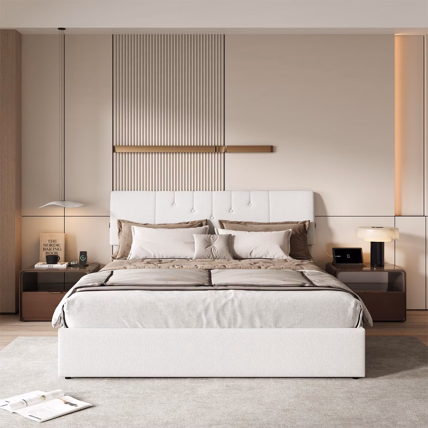 Letto matrimoniale UnboxG 140x200cm bianco, tessuto teddy, letto a pressione a gas con vano contenitore, connessioni USB e Type-C - letto imbottito con funzione di sollevamento