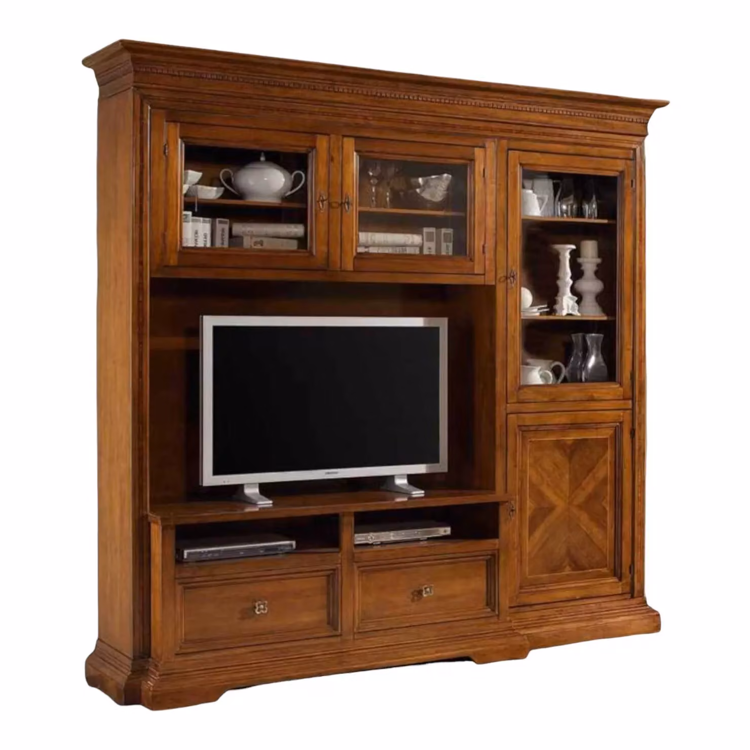 Parete attrezzata Mobili 2G in legno color noce, finitura tinta bassano, per soggiorno L: 230 cm, P: 57 cm, H: 235 cm – 1