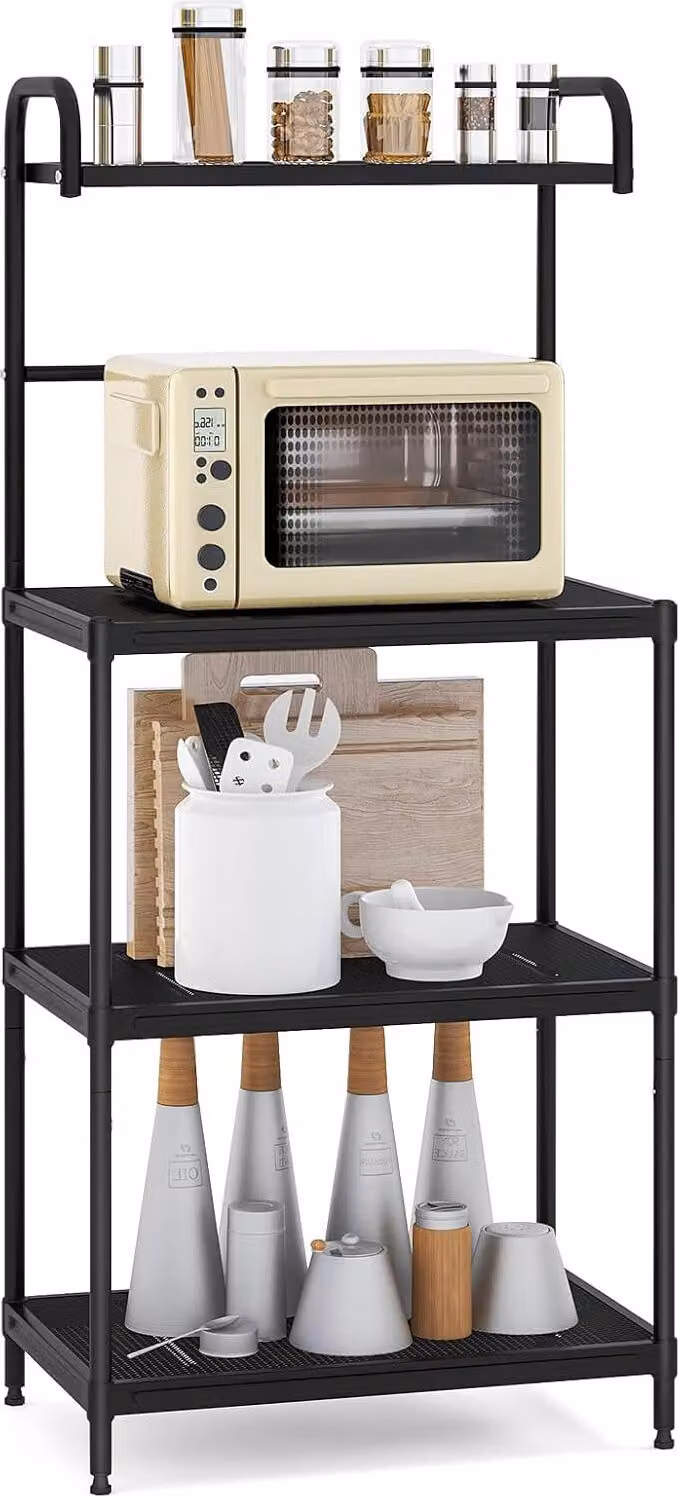 KOMFOTTEU Scaffale da cucina a 4 ripiani, scaffale per microonde in metallo, scaffale da terra 59x34x136 cm Supporto per microonde, scaffale multifunzionale per cucine eda pranzo