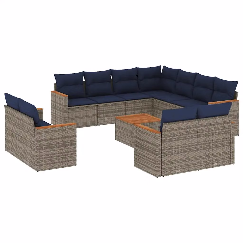 Set di Divani da Giardino a Forma di U con Tavolino vidaXL, Polyrattan e Legno di Acacia, Grigio e Blu con Cuscini Inclusi – 2