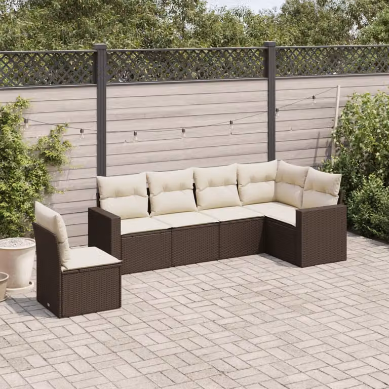 Set Divano da Giardino a L vidaXL in Polyrattan Marrone con Cuscini Bianchi per 6 Persone