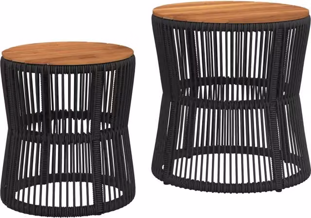 Set di 2 tavolini da giardino moderni in polyrattan con piano in legno di acacia oliato, colore nero e marrone, forma rotonda