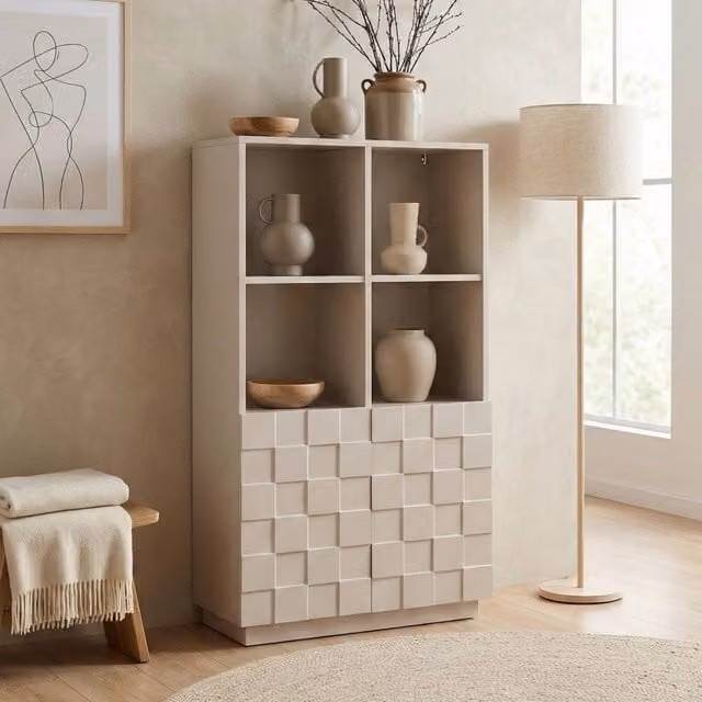 Armadio Comò Bopibobro en.casa con 2 Ante, 4 Ripiani Aperti e 4 Vani Chiusi, Beige, L: 118 cm, P: 64 cm, H: 30 cm – 1