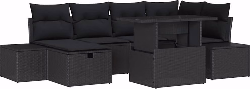 Set Divano da Giardino 7 pcs Nero polyrattan