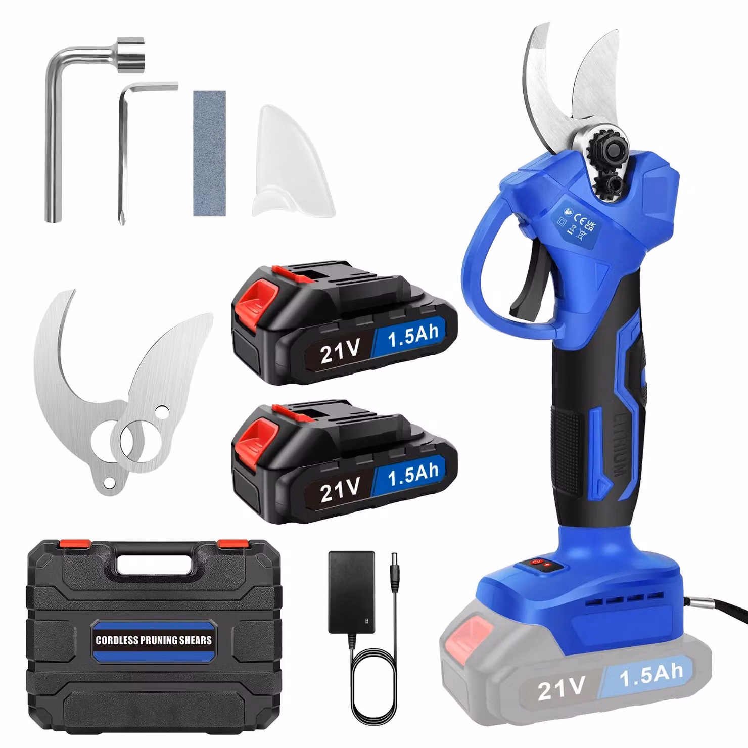 Forbice elettrica da giardino - 21 V - Motore brushless - Larghezza di taglio: 25 mm - 2 batterie ricaricabili al litio - 1300 tagli - Colore: blu