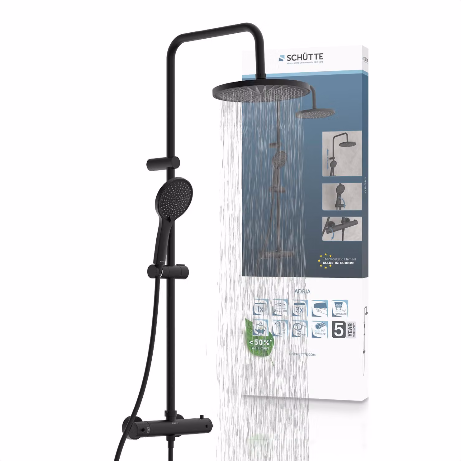 Set doccia sopraelevata ADRIA con miscelatore termostatico, nero opaco