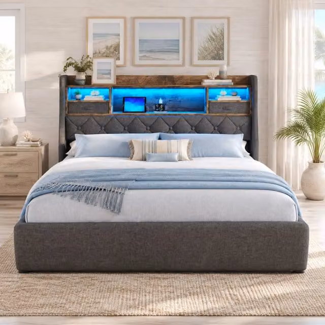 Letto contenitore ULEVR 140x200 cm con LED, USB e Type-C, rivestimento grigio effetto lino